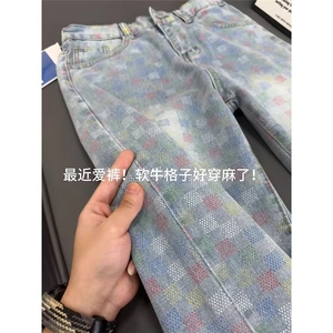 网图现货 美式宽松半松紧彩色棋盘格子牛仔裤K0442/P50图片