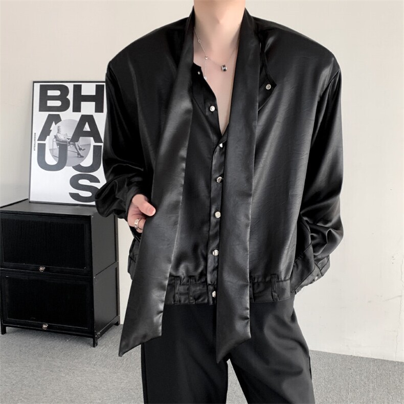 2025春季新款潮牌皮衬衫男士长袖韩版休闲潮流ins衬衣垫肩外套,男装衬衫,星座909