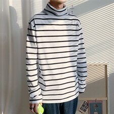 长袖T恤男士上衣潮流条纹秋冬季宽松高领衣服打底衫T709-P35，男装T恤，星座512-4