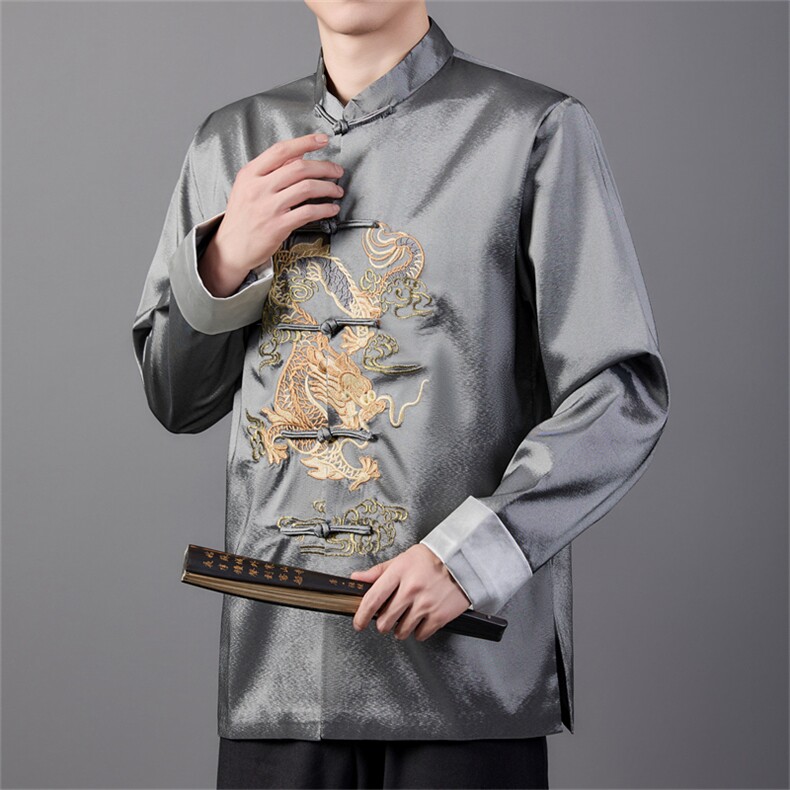 2024高端风唐装绸缎外套男士中老年新中式复古盘扣夹克，男装夹克，钱塘723