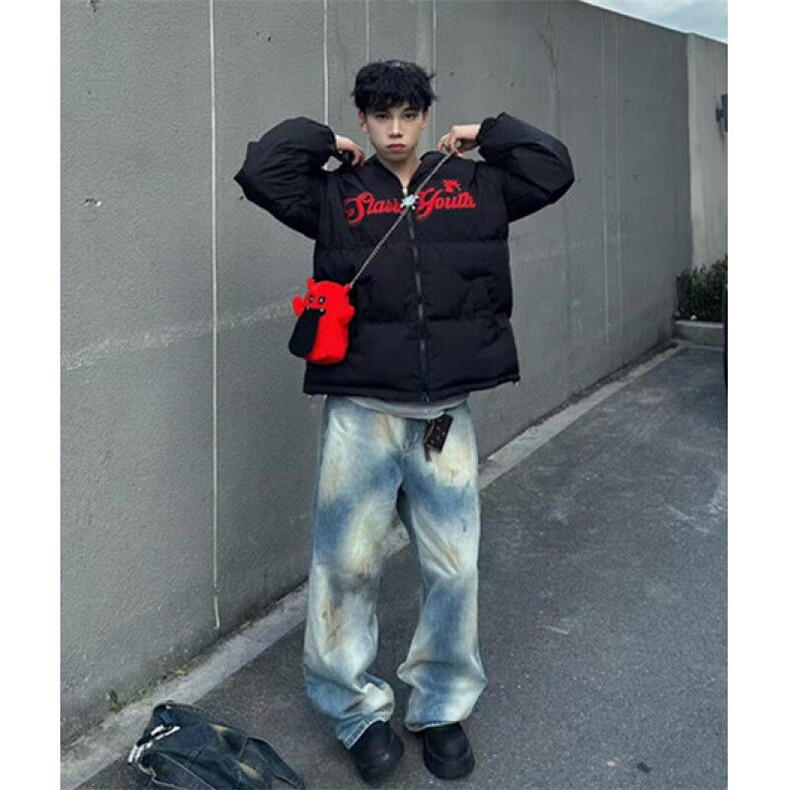 斑驳晕染美式水洗设计感斑驳晕染直筒宽松男女牛仔裤 NK8099图片