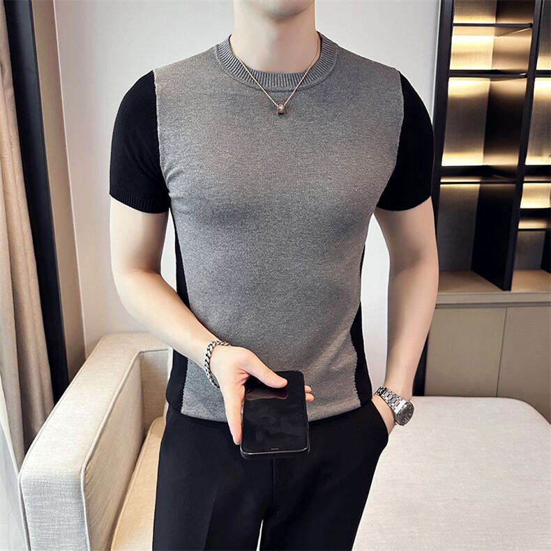 2024秋季新款修身圆领纯色拼接针织衫毛衣打底衫男净版M26-p45，男装针织衫/毛衣，电商D303
