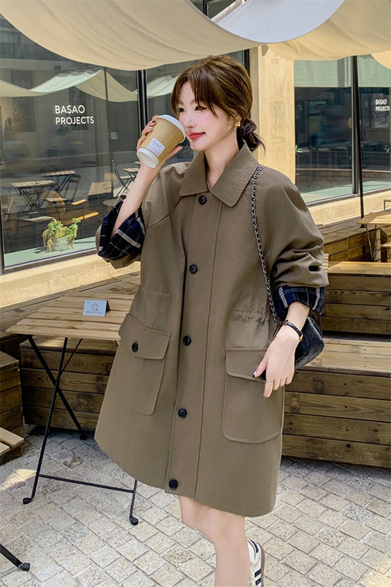 卡其风衣外套女2025秋显瘦韩式小个子垂感中长款翻领通勤复古大衣,女装风衣,2C029