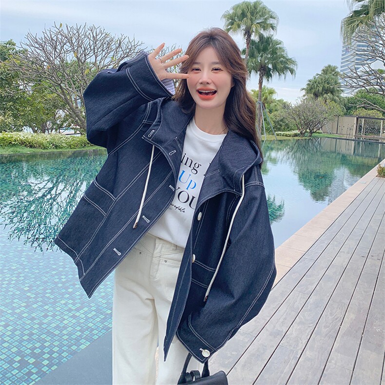条纹拼接风衣式连帽牛仔外套女春秋2025新款超火流行超好看小个子,女装风衣,浙宝285（原212）