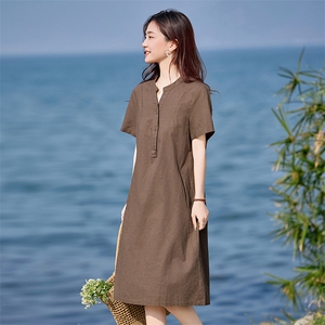 亚麻连衣裙2025夏季新款短袖中长款宽松显瘦大码胖MM妈妈棉麻裙子图片