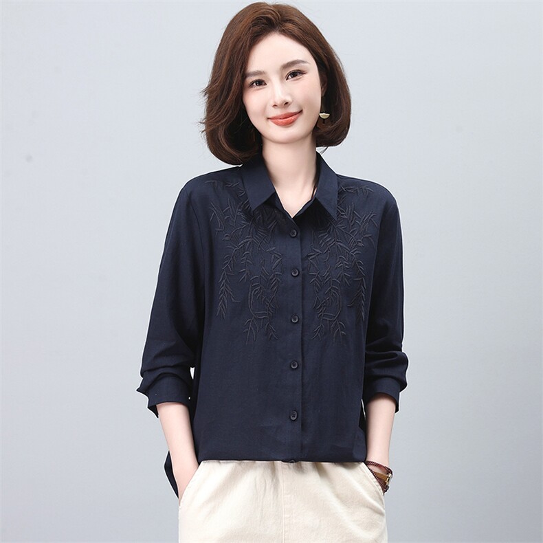 亚麻长袖衬衫女2024年春秋新款大码宽松中年妈妈薄款休闲刺绣衬衣,女装衬衫,独衣靓