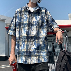 2025美式扎染印花冰丝凉感短袖五分袖格子衬衫CS1866/特P25蓝3，男装T恤，电商A094