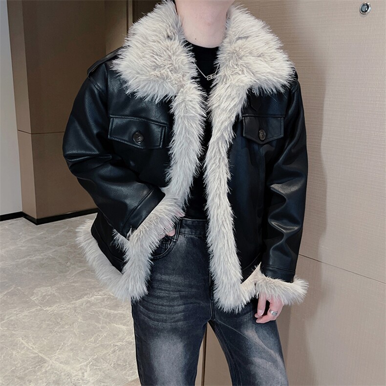 冬季网红高级感韩系加棉毛领潮牌皮毛一体棉衣男毛毛皮衣M135P175，男装皮衣，电商B267