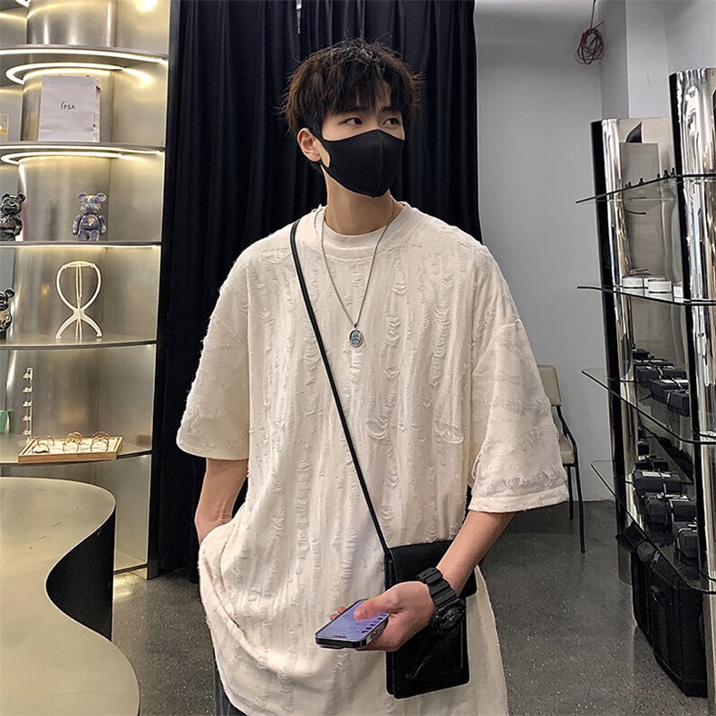 复古港风时尚休闲情侣款上衣潮牌长袖破洞高街上衣HY301TP35控48,男装T恤,电商A102B