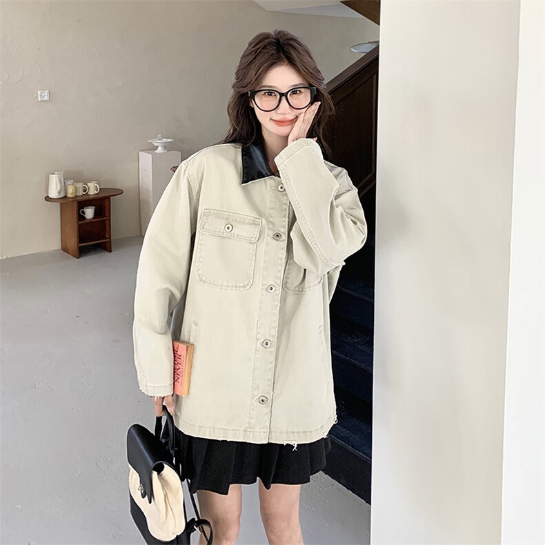 美式复古米白色牛仔外套短款女春秋超火好看休闲减龄工装夹克上衣,女装短外套,2D035