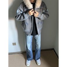重磅北极绒座山雕毛衣外套冬美式复古休闲慵懒风大毛毛领针织开衫，男装针织衫/毛衣，电商A486