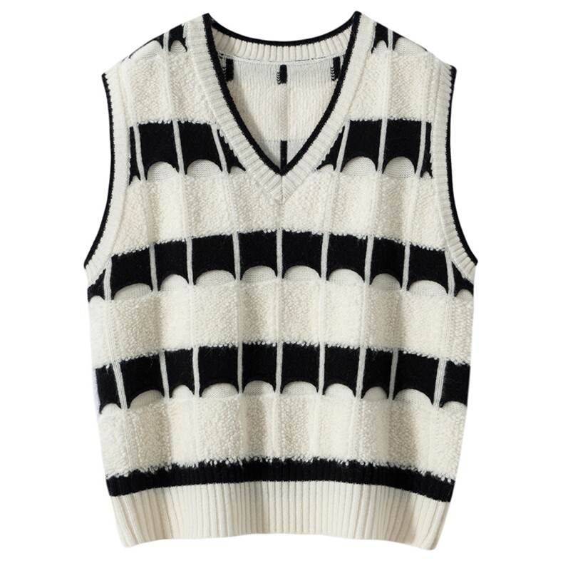 秋冬新款条纹针织v领无袖套头上衣时尚百搭，女装针织衫/毛衣，亿嘉羊绒