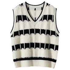 秋冬新款条纹针织v领无袖套头上衣时尚百搭，女装针织衫/毛衣，亿嘉羊绒