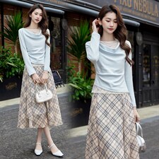 现货2026年春季女新款通用时尚气质优雅针织上衣格子连衣裙两件套，女装套装/套裙，奋斗女王