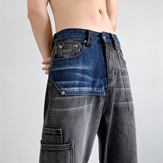 B221美式ins高街暗黑小众拼接直筒工装牛仔裤LK23141-P65控88，男装牛仔裤，电商B221