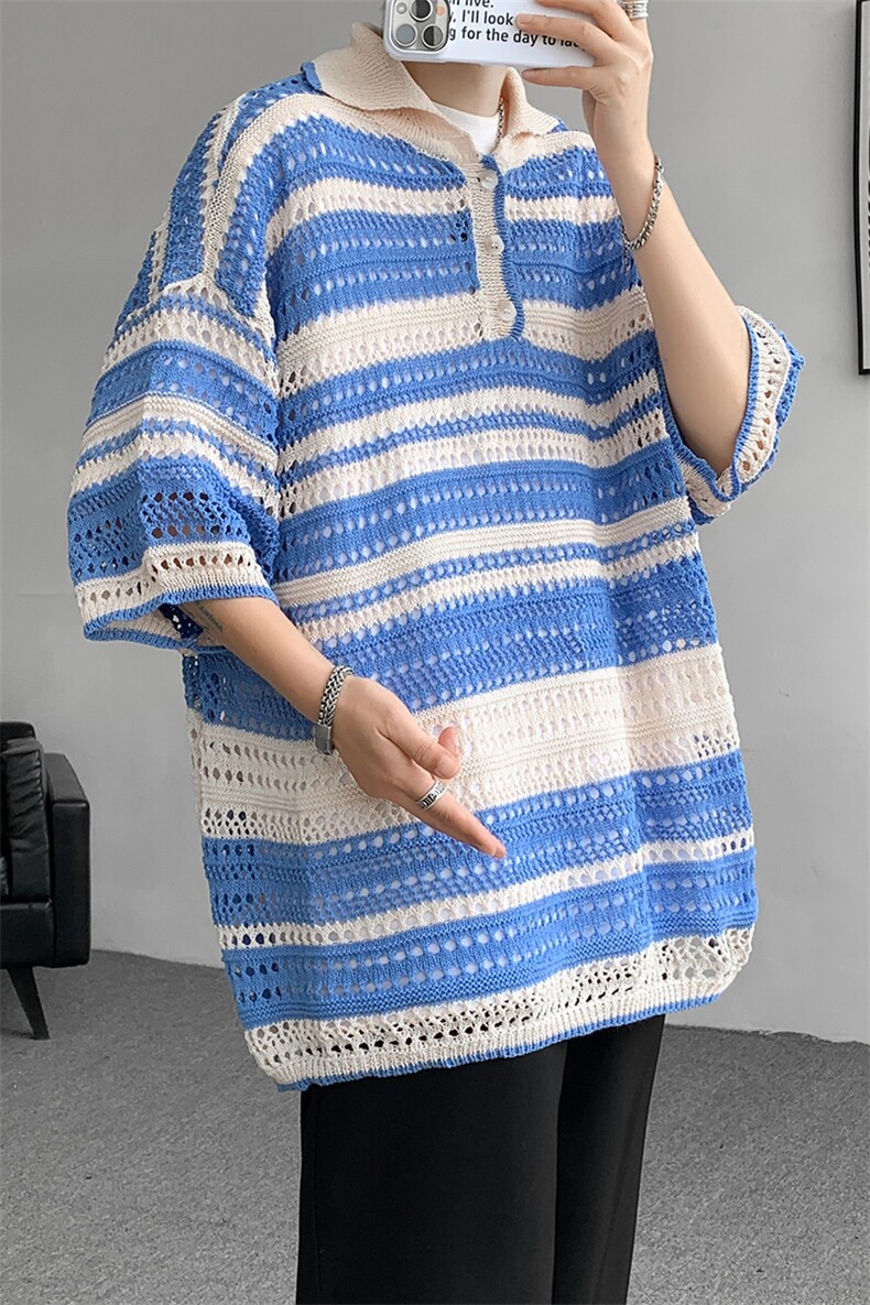 8XL-M特大码美式复古条纹撞色针织POLO衫翻领休闲短袖TDX311P35,男装Polo衫,电商D206-1