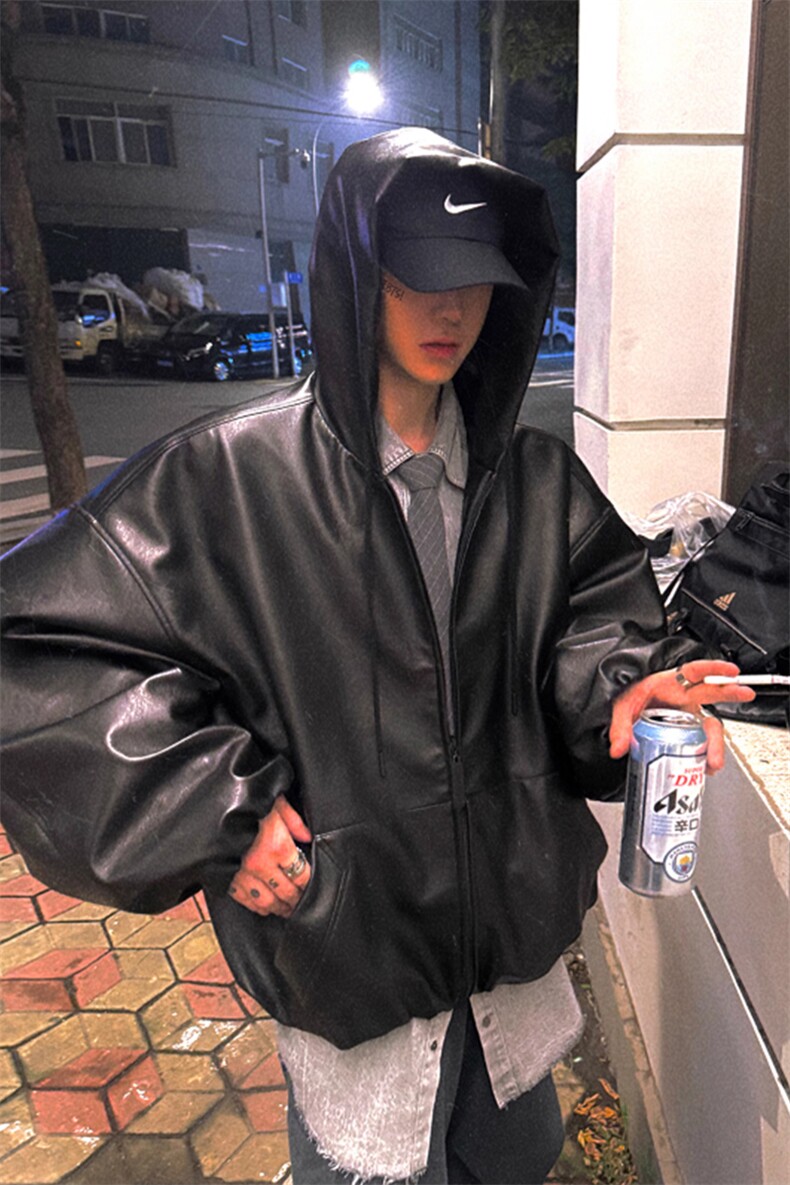 廓形连帽皮衣外套细腻微光泽感环保PU防风衣PY226特P72,男装风衣,星座908-1