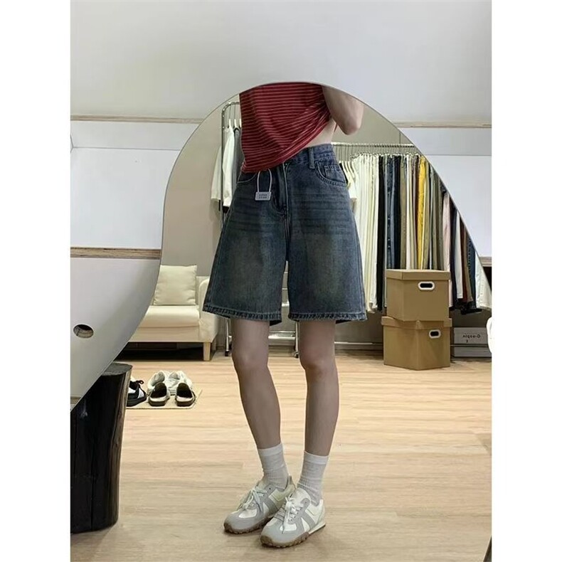 美式复古水洗直筒牛仔短裤女2025夏季新款显瘦高腰宽松五分中裤图片