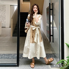 法式复古气质女神范连衣裙女夏新款设计感假两件显瘦赫本风长裙，女装连衣裙，2C108