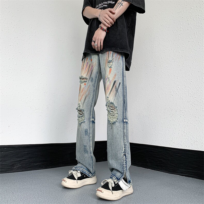 B221美式ins高街暗黑小众喷墨拉链破洞牛仔裤LK23085-P65控88,男装牛仔裤,电商B221
