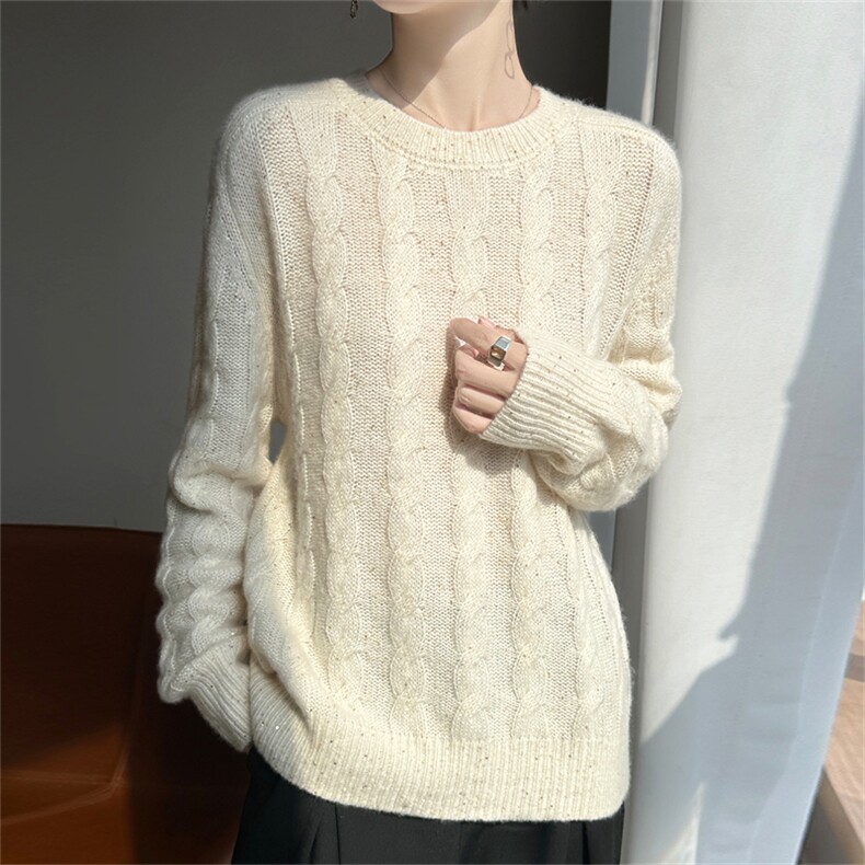 2025年秋季新款珠片麻花纹针织女士上衣时尚休闲通勤百搭，女装针织衫/毛衣，多娇羊绒
