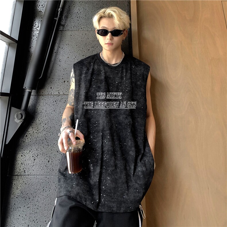 美式高街做旧水洗复古满天星无袖T恤背心时尚坎肩男潮BX04-特P28，男装背心/马甲，电商C307