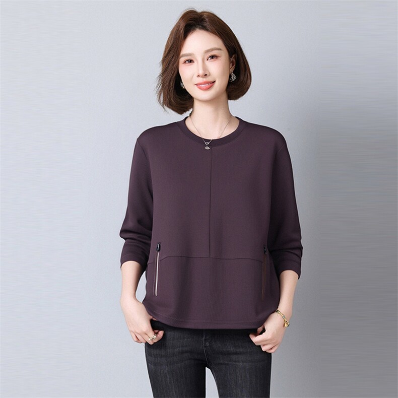 2025年秋季秋季套头长袖拼贴单件常规宽松型休闲假口袋上衣，女装大码女装，秋牧寒烟