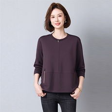 2025年秋季秋季套头长袖拼贴单件常规宽松型休闲假口袋上衣，女装大码女装，秋牧寒烟