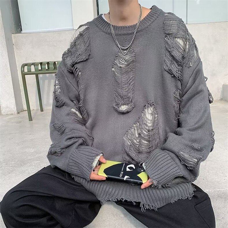 美式复古潮牌破洞假两件毛衣男宽松设计感小众针织外套Y157-P40,男装针织衫/毛衣,星座1008