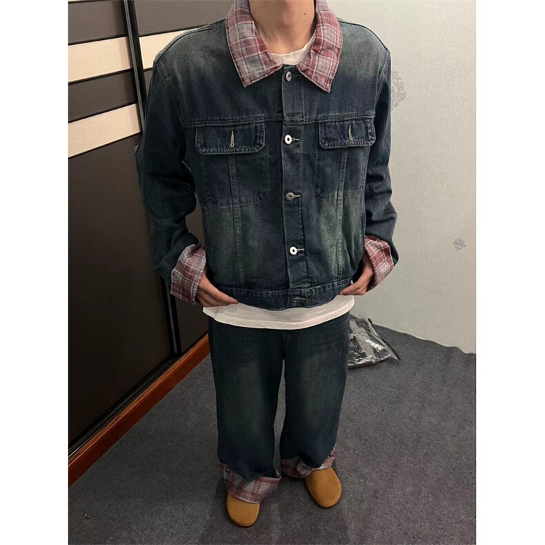 【有货】DT7010-P118美式潮牌格纹拼接男春秋夹克牛仔裤两件套装，男装休闲套装，星座603-2