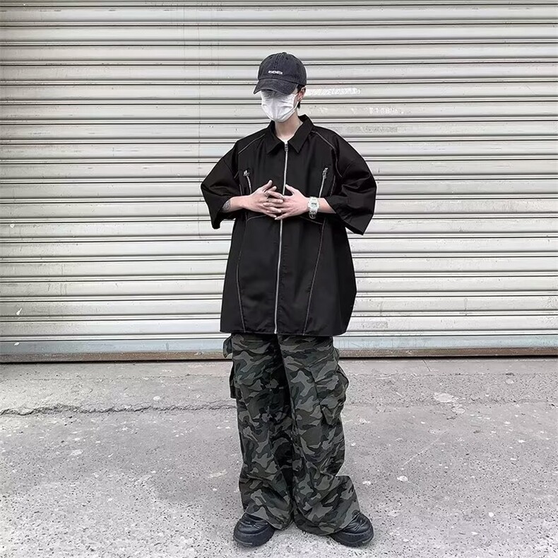 JY2308-P38明线双拉帅炸街短袖衬衫男ins潮牌美式复古设计感上衣,男装衬衫,电商C233