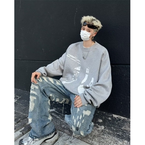 艺术剪影印花毛衣针织衫男宽松休闲圆领毛衣  1001-1-M6030-P52图片