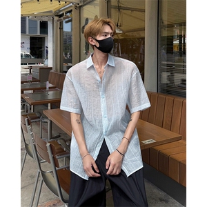 竖条肌理感短袖衬衫 5X1016-TP3048 美式休闲轻薄透气衬衣男图片