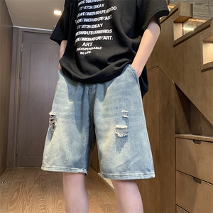美式vibe破洞牛仔短裤男痞帅夏季薄款高街直筒休闲五分裤ZJ91-P35图片