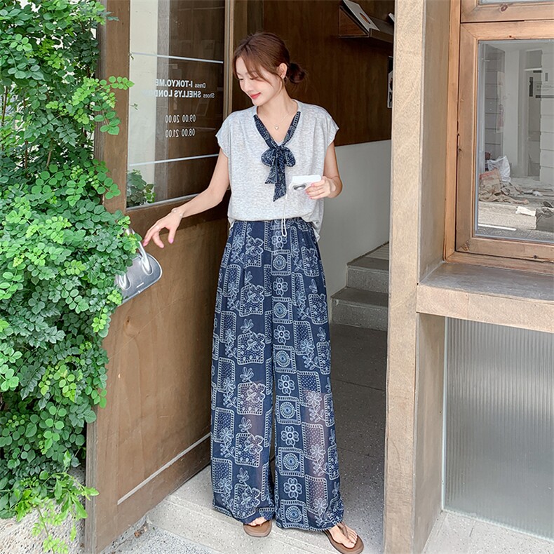 韩系设计感套装女2025夏季新款时尚气质V领上衣印花阔腿裤两件套,女装套装/套裙,2C260