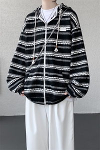 8XL-M 潮情侣美式磨毛编织条纹针织衫卫衣宽松拉链外套WY30P88图片
