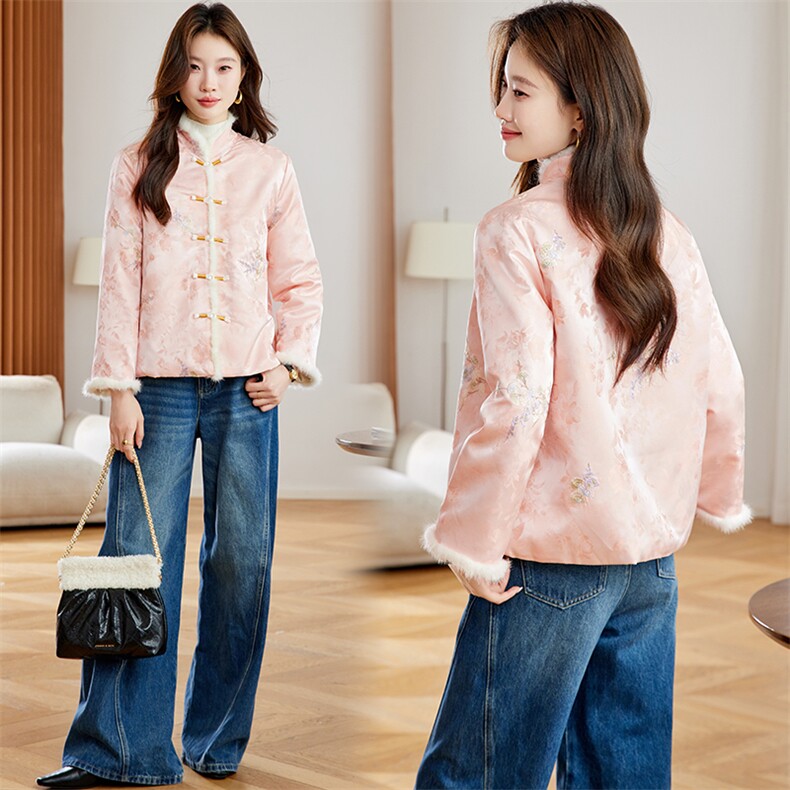 在仓~2025年冬季水貂毛刺绣夹棉盘扣新中式时尚潮流单排扣棉服，女装棉衣/棉服，新依时派