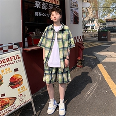 2025美式扎染印花冰丝凉感格子短袖衬衫薄套装TZ5600/特P45绿2，男装T恤，电商A094