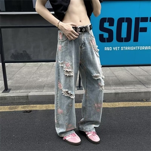 复古水洗牛仔裤男女潮牌宽松百搭直筒长裤男4126 P49图片