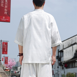 新中式七分袖衬衫男2025夏季新款大码盘扣上衣图片
