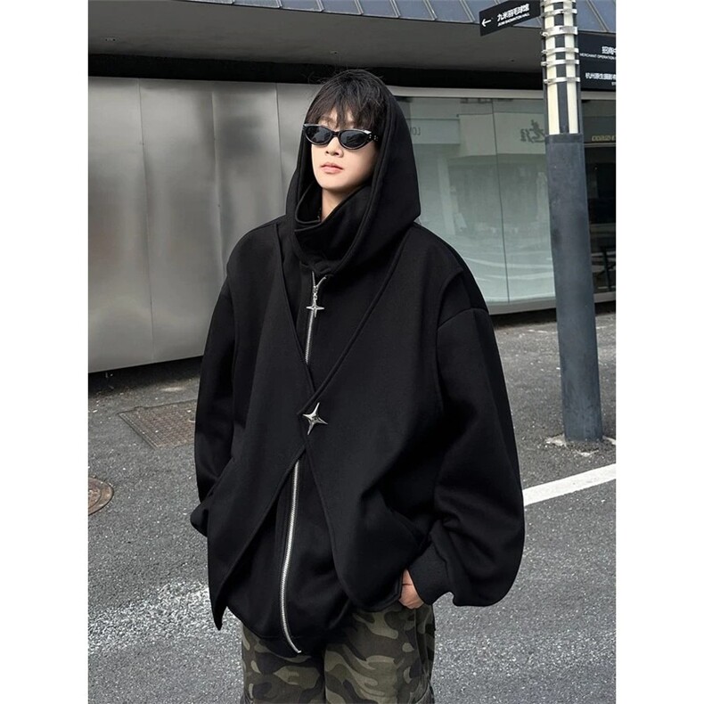 暗黑系假两件连帽卫衣男春秋季vibe美式复古宽松休闲痞帅拉链外套,女装短外套,星座813-2