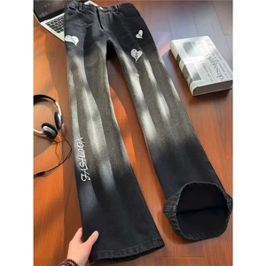 美式复古vibe裤子春秋季高街高腰渐变黑牛仔裤男款微喇修身直筒裤图片