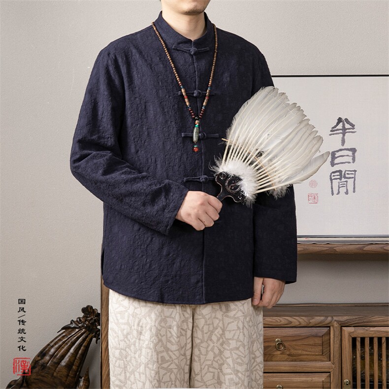 秋装新款风男装棉麻提花立领复古新中式唐装衬衣C228P85，男装衬衫，钱塘802