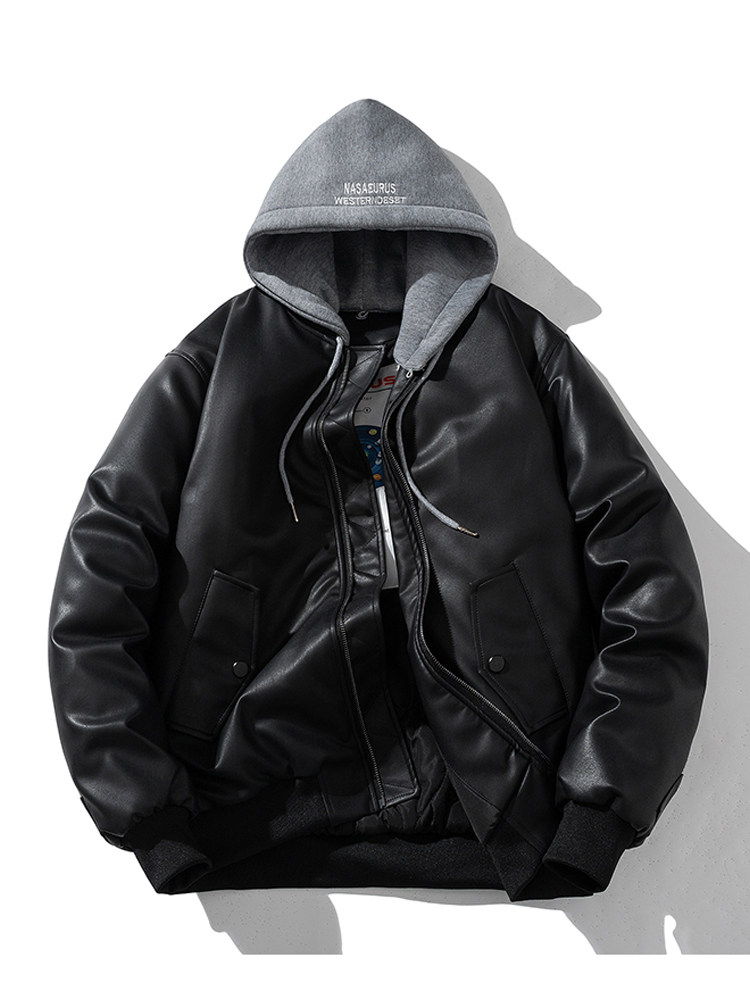 现货黑色PU皮棒球服外套秋冬棉服带帽可拆卸,男装棉衣,电商A105