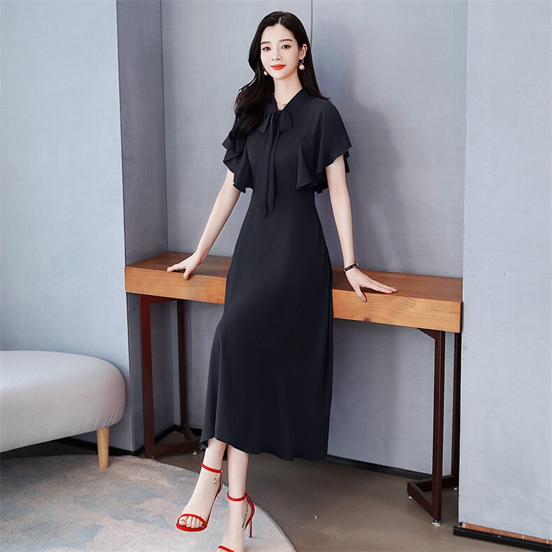 2021年新款夏季绸缎荷叶边袖连衣裙长款系带套头大摆型A型,女装连衣裙,瑶迪依秀