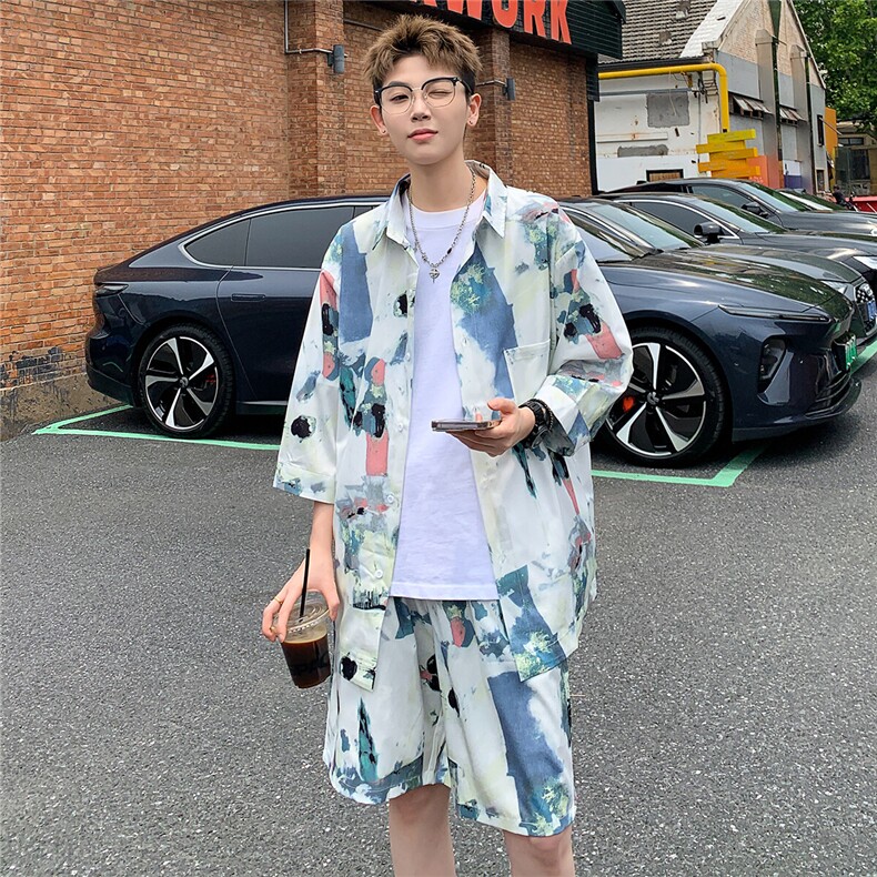 2025夏水墨画冰丝凉感短袖五分袖衬衫薄套装 TZ5678/特P50 浅蓝6图片