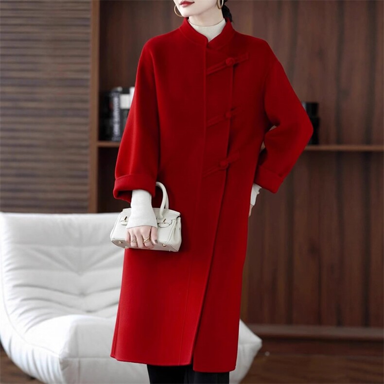 双面呢羊毛大衣酒红色毛呢外套年秋冬新款中长款休闲，女装双面呢大衣，赛欧妮