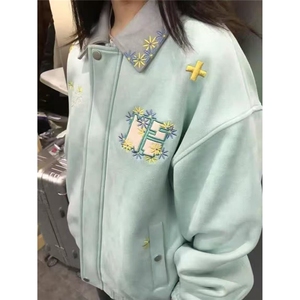 刺绣雏菊美式鹿皮绒棒球服外套女秋冬新款宽松夹克潮W6845-P71图片