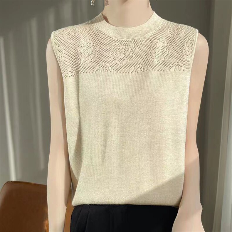 新款女装镂空无袖背心冰丝面料圆领针织衫夏季清凉透气显瘦上衣，女装背心吊带，萱芳婷羊绒