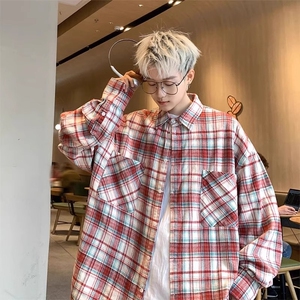 美式复古红色格子衬衫男款春秋潮牌条纹长袖衬衣防晒cleanfit外套图片